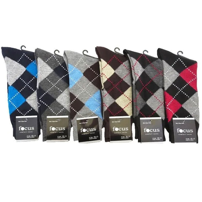 12 Pairs Mens Cotton Socks Argyle Striped Solid Crew Dress Casual Fashion 10-13