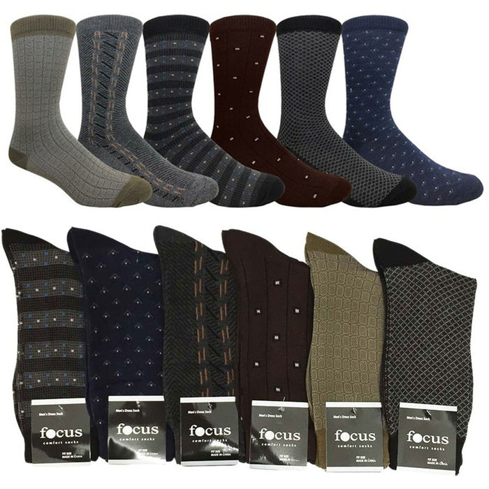 6 Pairs Men's Dress Socks Crew Multi Color Print Casual Fashion Work Size 10-13