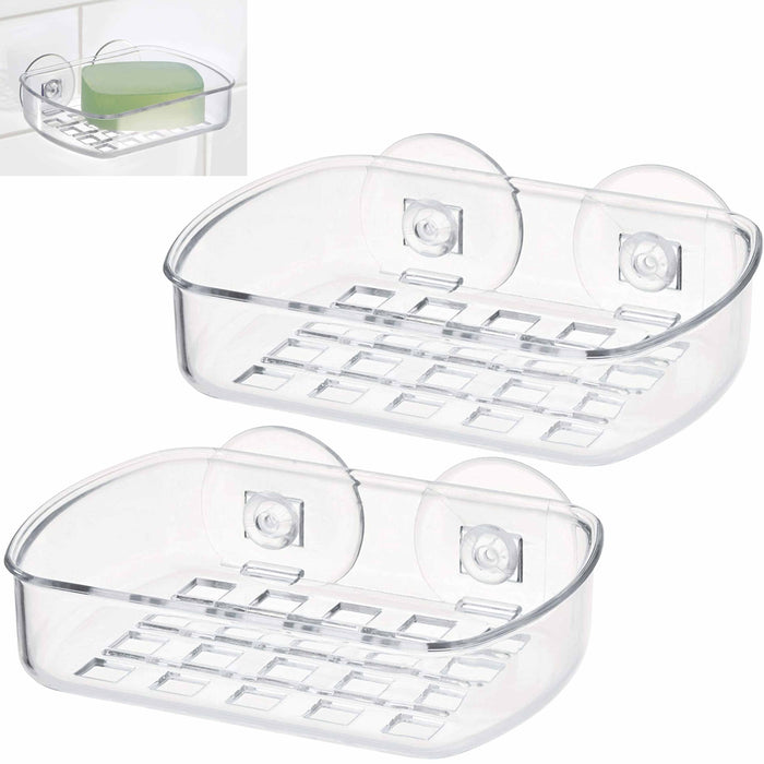 2 Suction Cup Soap Dish Draining Holder Bar Saver Tray Bathroom Shower Rack Case
