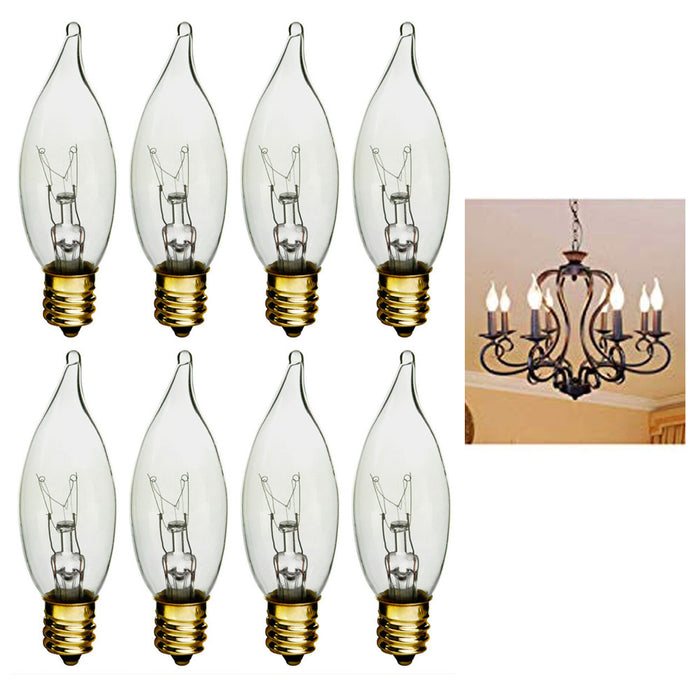 8 Night Light Bulbs Clear Candelabra Base Flame Tip 120V Decor Chandelier 25watt
