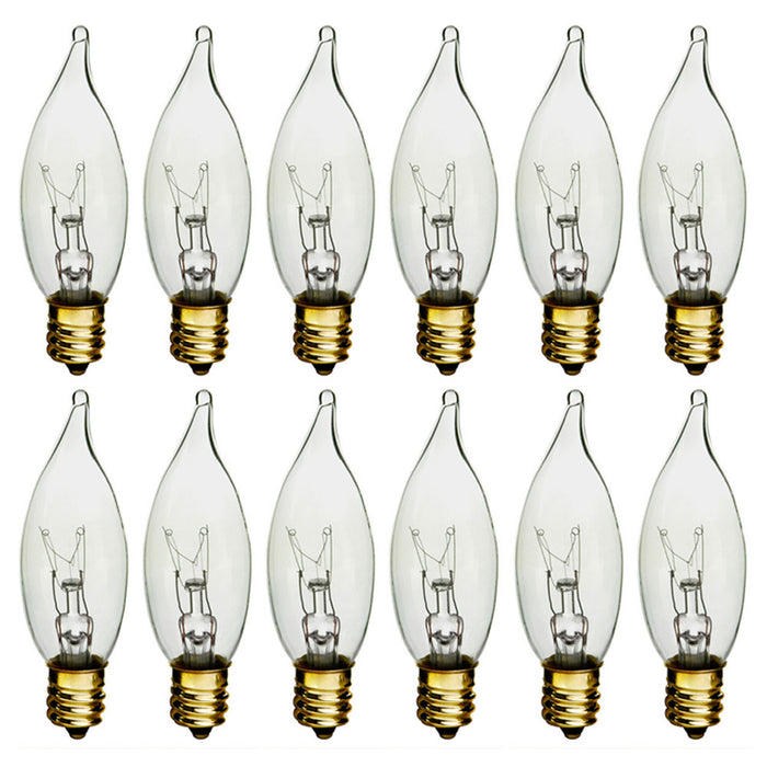 12 Pc Candelabra Night Light Bulbs 25 Watt Clear Flame Tip 120V Decor Chandelier