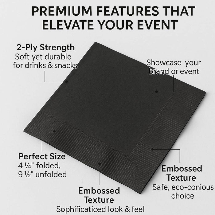 Black 2-Ply Cocktail Beverage Napkins 1000 Pack Unfolded 9.5” Drink Bar Party