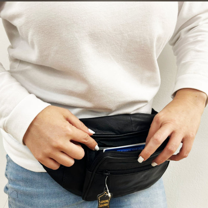Black Leather Waist Fanny Pack Hip Belt Bag Pouch Travel Hip Purse Multi Zipper