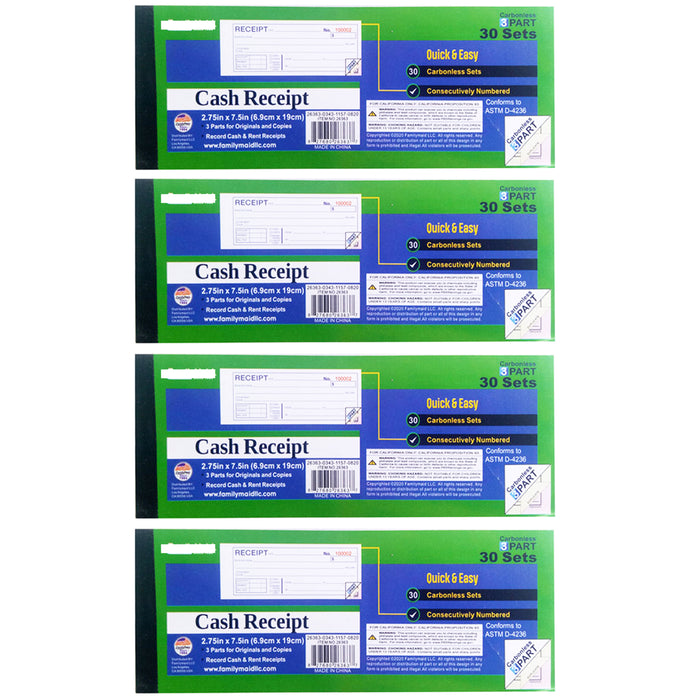 4 X Money Rent Cash Receipt Book 3 Part 30 Sets Carbonless Invoice 2.75" x 7.5"