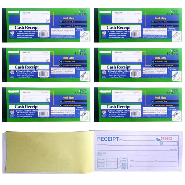 6 X 3 Part Cash Receipt Books Triplicate Forms Copies 30 sets Rent Money Invoice