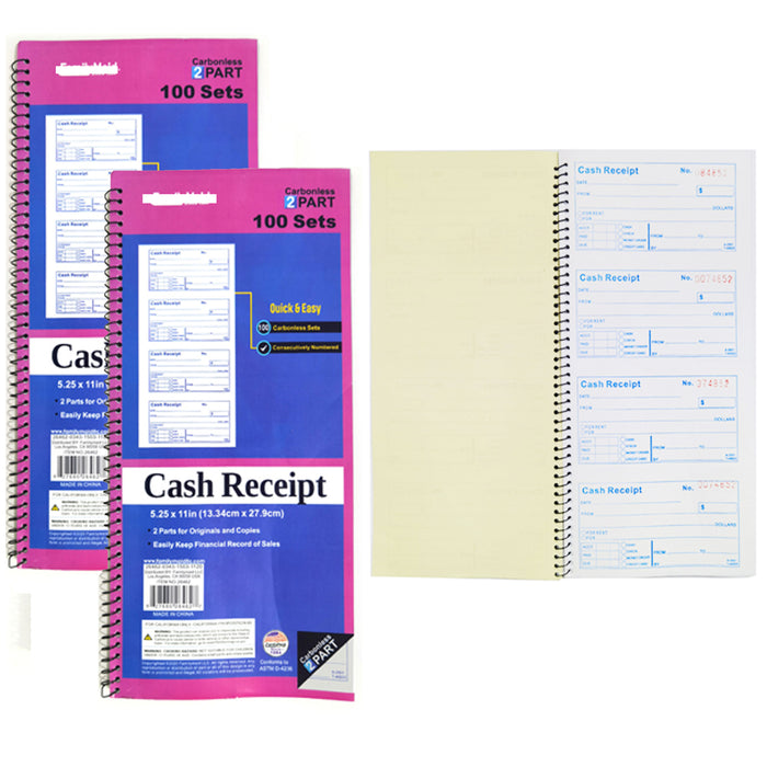 2 X Carbonless Cash Receipt Book 2 Part 50 Sets Rent Record Invoice 5.25" x 11"