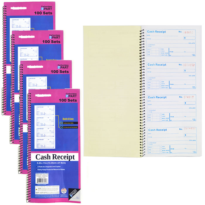 4 X Cash Receipt Book Invoice 2 Part 50 Sets Rent Record Carbonless 5.25" x 11"