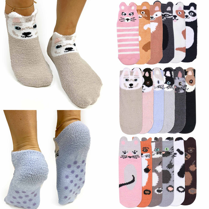 2 Pairs Women's Soft Cozy Fuzzy Socks Ankle Non-Skid Grip Animal Slipp —  AllTopBargains