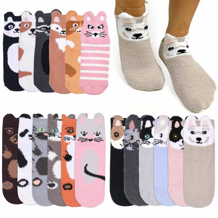 2 Pairs Women's Soft Cozy Fuzzy Socks Ankle Non-Skid Grip Animal Slipper 9-11