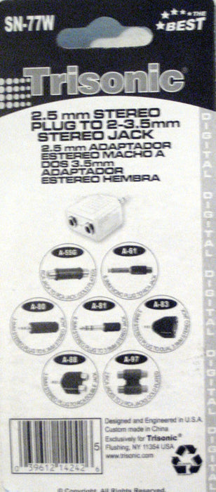 Silver 2 Way Headphone Splitter Adapter 2.5mm Stereo Male Jack To 2 Female Audio