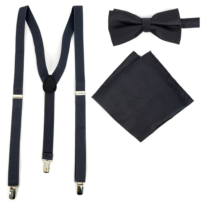 3PC Mens Suspenders + Banded Bow Tie Set Adjustable Metal Clips + Pocket Square