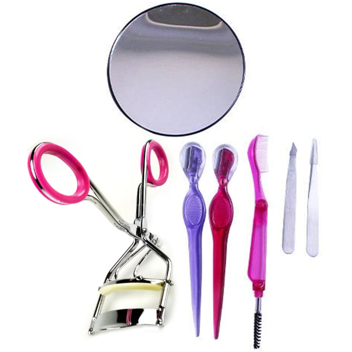 7pc Face Kit Eye Lashes Curler 12x Mirror Tweezer Razor Brow Brush Comb Grooming