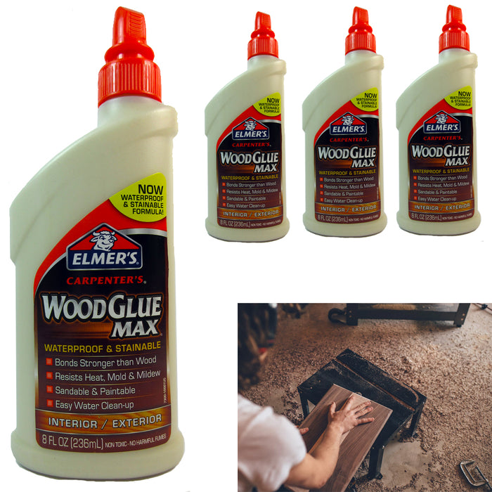 4Pc Elmer's Carpenter Wood Glue Max Interior Exterior 8oz ea Waterproof Adhesive