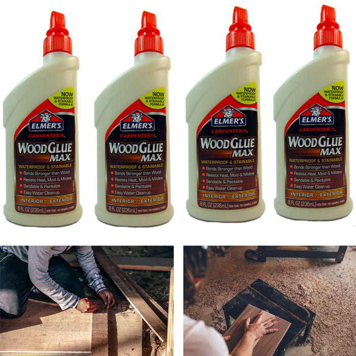 4Pc Elmer's Carpenter Wood Glue Max Interior Exterior 8oz ea Waterproof Adhesive