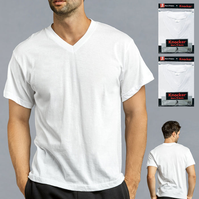 6 Mens White V-Neck T-Shirt 100% Cotton Undershirt Comfort Soft Tee Tagless Sz L