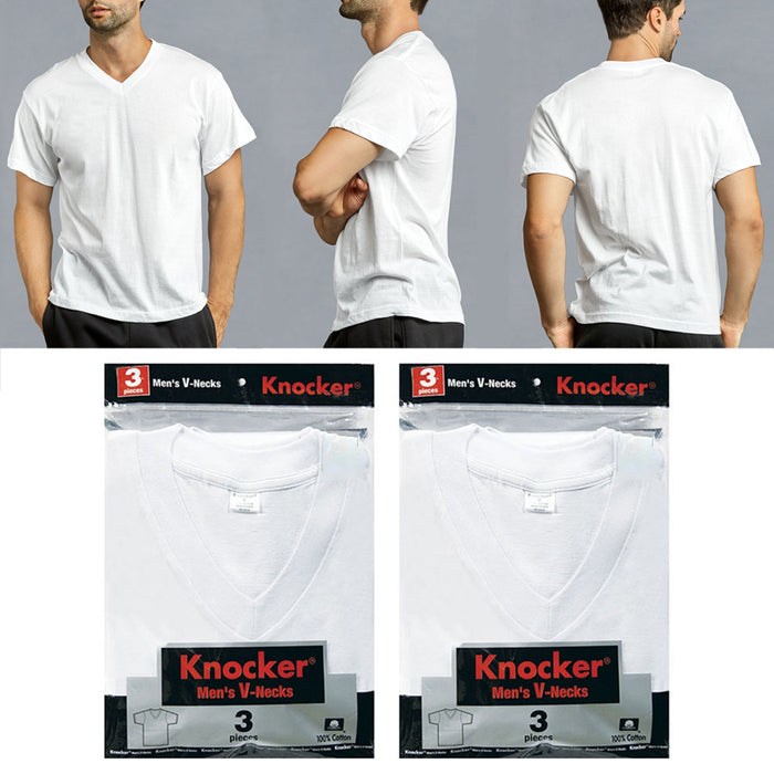 6 Mens White V-Neck T-Shirt 100% Cotton Undershirt Comfort Soft Tee Tagless Sz L