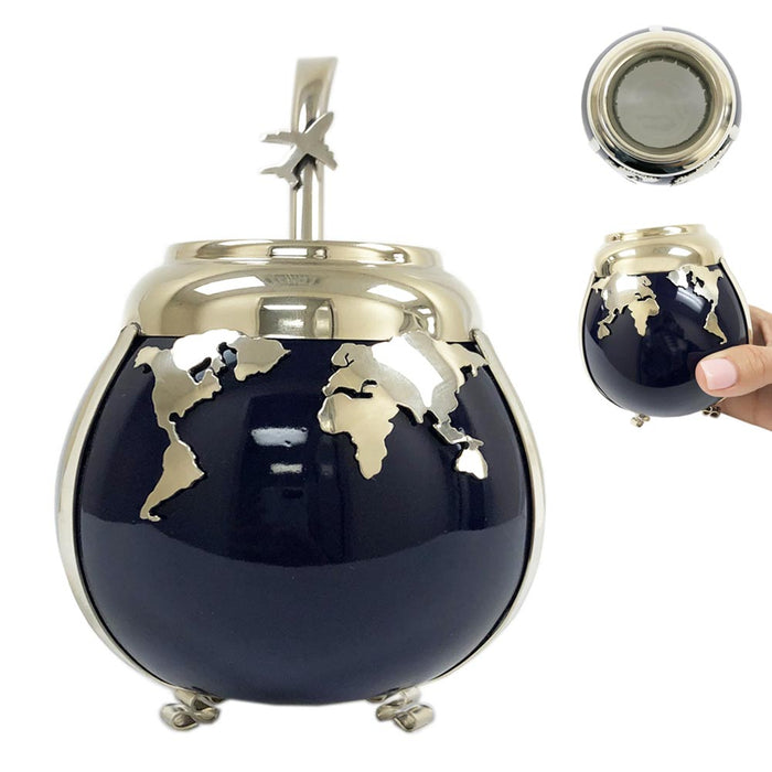 Ceramic Yerba Mate Gourd Cup Set Alpaca Bombilla Drink Straw World Map Travel