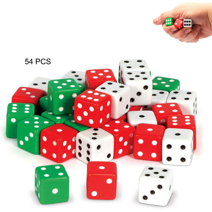 54 Colored Dice 6 sided Pips Table Board Games Green Red White Math Teaching Toy