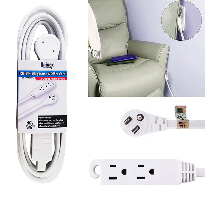 Extension Cord UL 12Ft Electric Cable Power 16 Gauge 3 Outlet Indoor Flat Plug