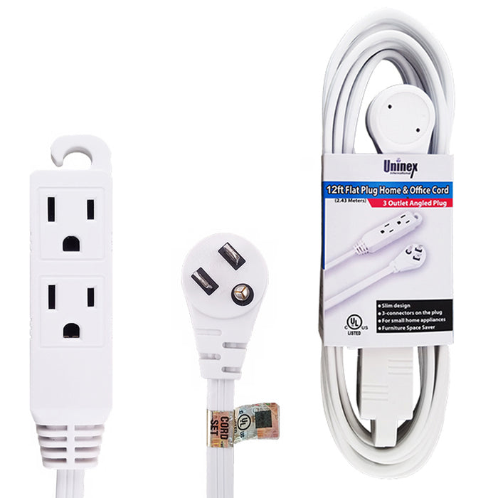 Extension Cord UL 12Ft Electric Cable Power 16 Gauge 3 Outlet Indoor Flat Plug