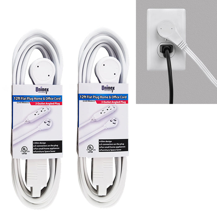 2 12Ft Power Extension Cord 3 Outlet UL 16 Gauge Electric Flat Cable Plug Indoor