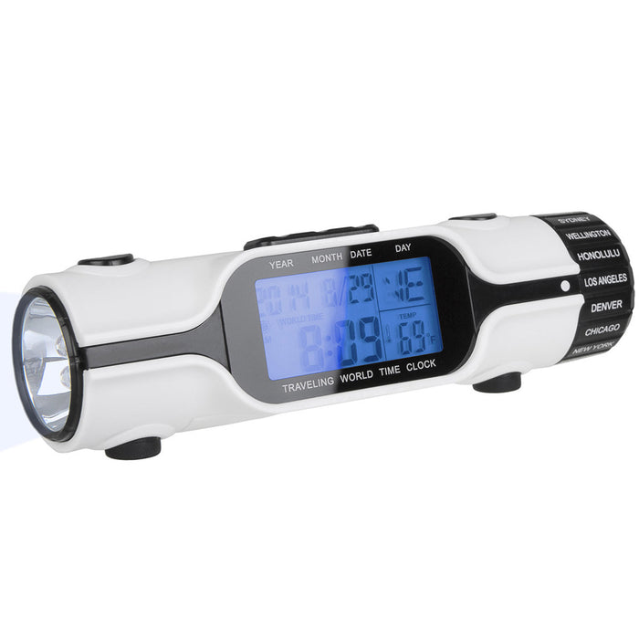 World Time Travel Alarm Clock Digital LCD Backlit Screen LED Torch Flashlight !