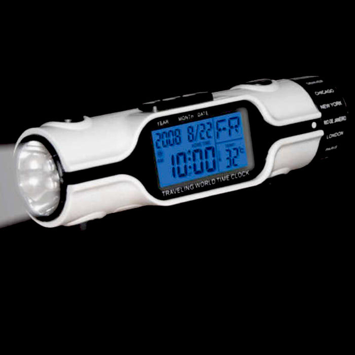 World Time Travel Alarm Clock Digital LCD Backlit Screen LED Torch Flashlight !