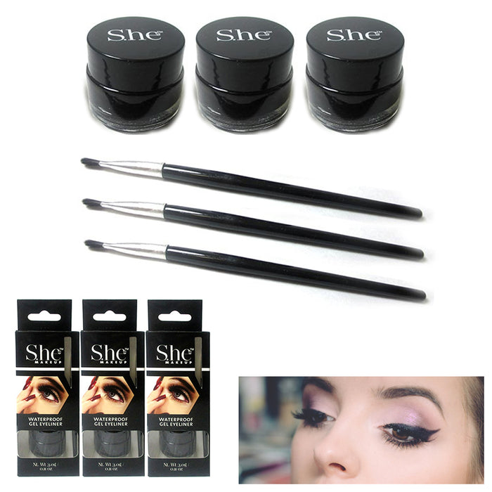 3x Black Gel Eyeliner Waterproof Long Wear Cat Eye Brush Makeup Cosmetics Pencil