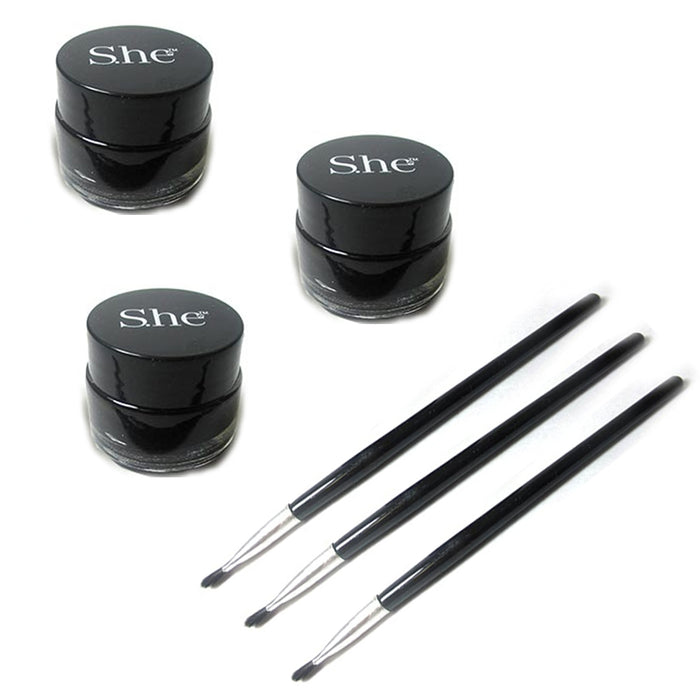 3x Black Gel Eyeliner Waterproof Long Wear Cat Eye Brush Makeup Cosmetics Pencil