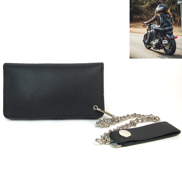 Black Genuine Leather Wallet Slim Bifold Trucker Biker Metal Chain Holder Unisex