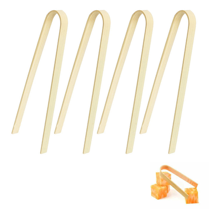 4 Pc Mini Tongs Bamboo Wood Natural Disposable Small Utensil Toast Appetizer 4"