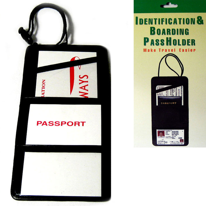Black Leather Passport Boarding Pass Ticket ID Card Thin Holder Neck Pouch Strap