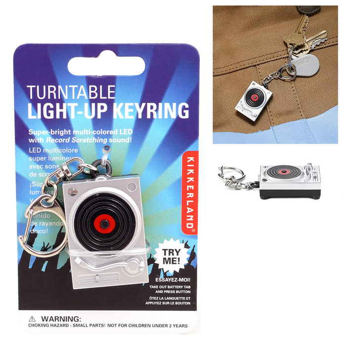 New DJ Turnable LED Keyring Scratch Sound Light Up Key Chain Deck Fun Kikkerland