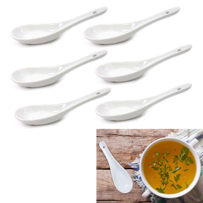 6 Chinese Soup Spoon White Ceramic Appetizer Canape Thai Japanese Saimin Asian