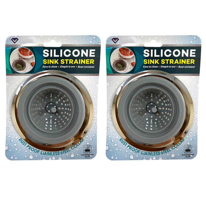 2 Pc Silicone Sink Strainer Basket Stainless Steel Rim Kitchen Drain Stopper