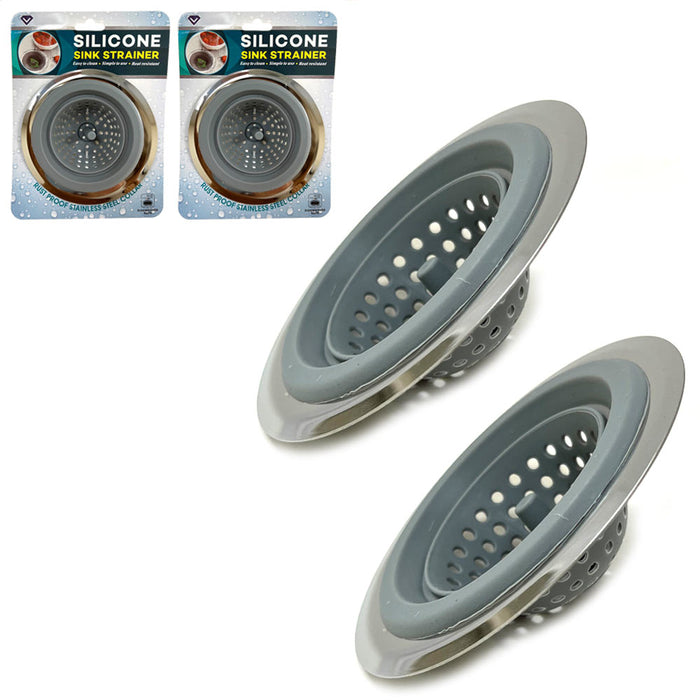 2 Pc Silicone Sink Strainer Basket Stainless Steel Rim Kitchen Drain Stopper