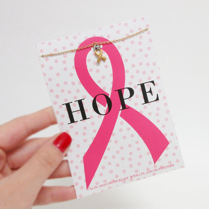 Gold Chain Breast Cancer Awareness Ribbon Pendant Necklace Jewelry Card Gift