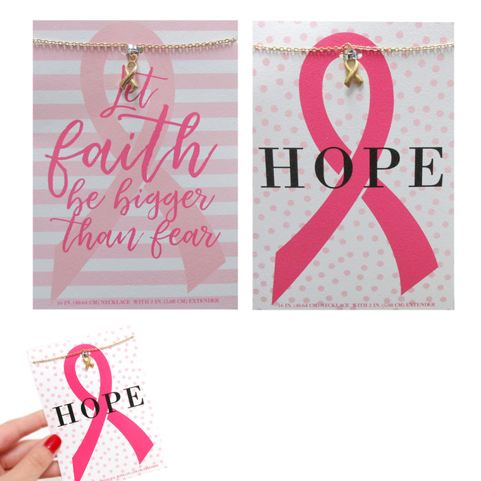 Gold Chain Breast Cancer Awareness Ribbon Pendant Necklace Jewelry Card Gift
