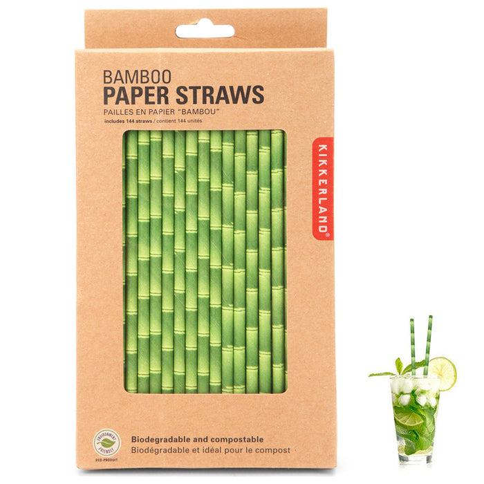144 x Kikkerland Bamboo Design Paper Straws Biodegradable Retro Drinking Parties