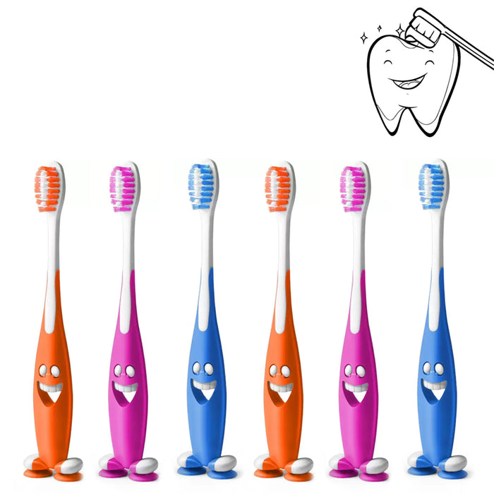 6 Pc Happy Face Toothbrush Kids Soft Bristles Suction Cup Stand Toddler Fun Kids
