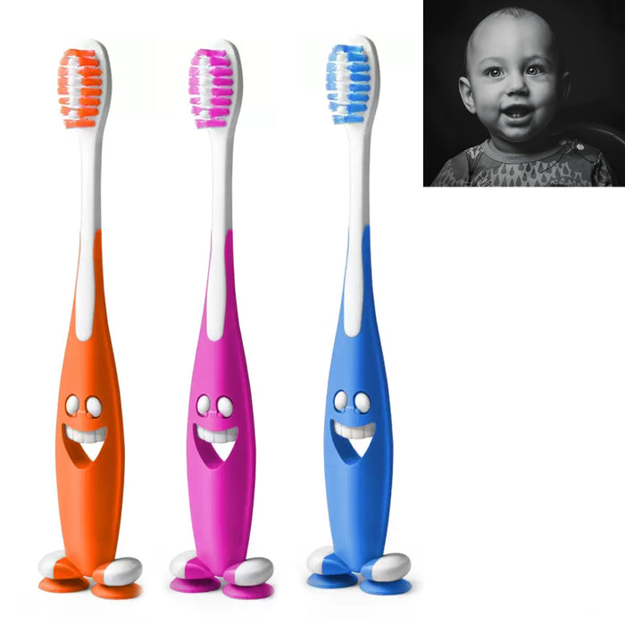 6 Smiley Happy Toothbrush Suction Cup Stand Soft Bristles Kids Toddler Oral Care