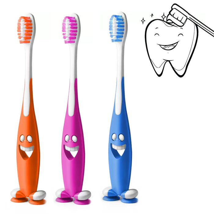 6 Set Happy Smiley Toothbrush Set Suction Cup Stand Soft Bristles Kids Oral Care