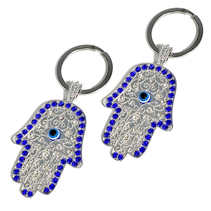 2 Hamsa Hand Keychain Evil Eye Charm Good Luck Amulet Kabbalah Key Holder Silver