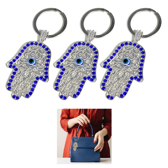 3 Pack Hamsa Evil Eye Keychain Lucky Charm Amulet Kabbalah Crystal Blue & Silver