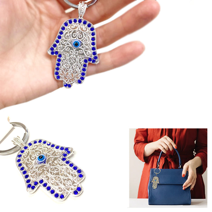 2PC Blue Evil Eye Hamsa Keychain Fatima Hand Protection Religious Good Luck Gift