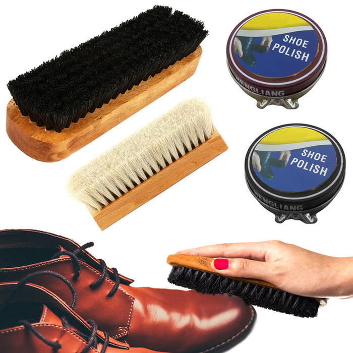 4X Leather Shoe Wax Polish Cream Shine Brush Applicator Kit Set Care Brown Black