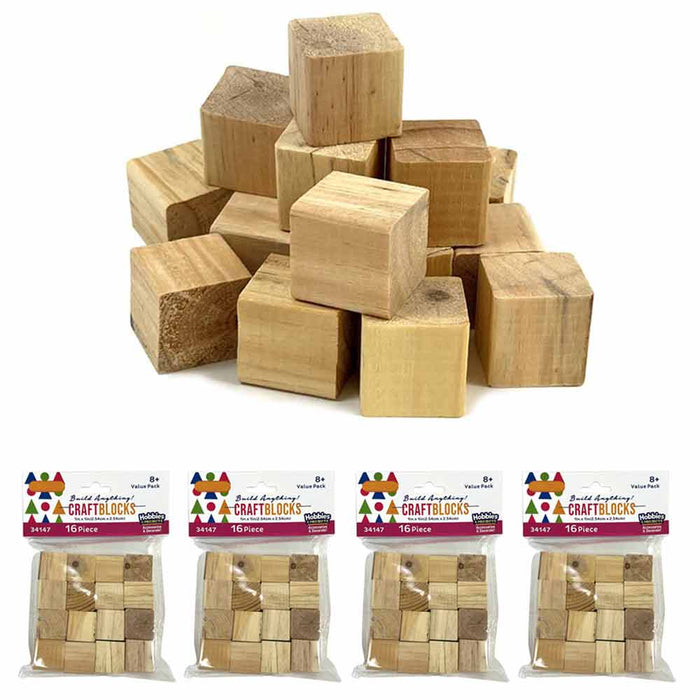 64 PC Craft Blocks Unfinished Hardwood Natural Wooden Block 1 Cubes Arts Crafts
