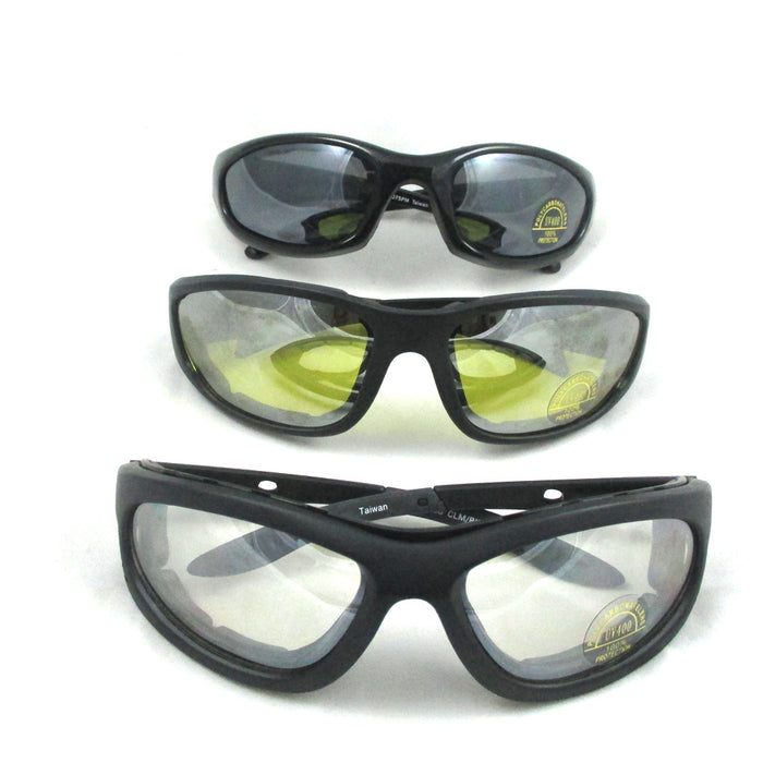 3 Pair Combo Padded Motorcycle Sunglasses Wind Resistant Riding Glasses New !