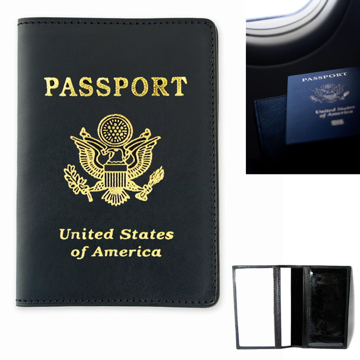 Leather Passport Cover Case US Gold Logo Holder Wallet Travel Protector Black
