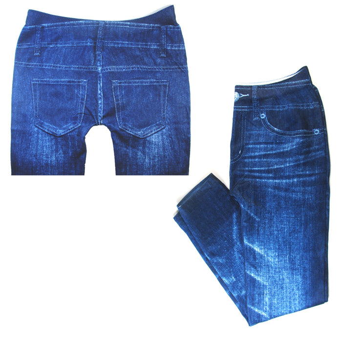 4pc Girls Denim Print Leggings Fashion Stretch Pants Jegging Blue Black Kid S/M
